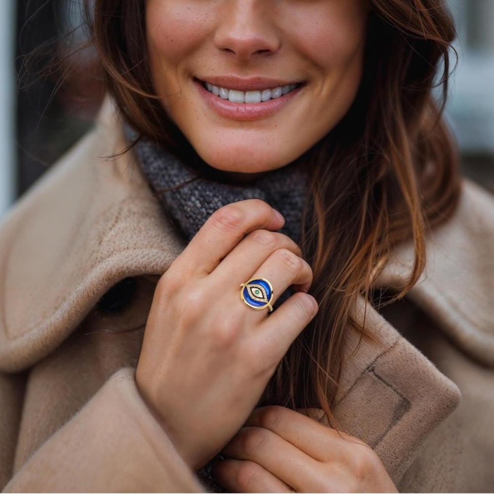 Ross-Simons 0.10 ct. White Topaz Turquoise 18k Gold Over Sterling Evil Eye Ring - Picture 2 of 4